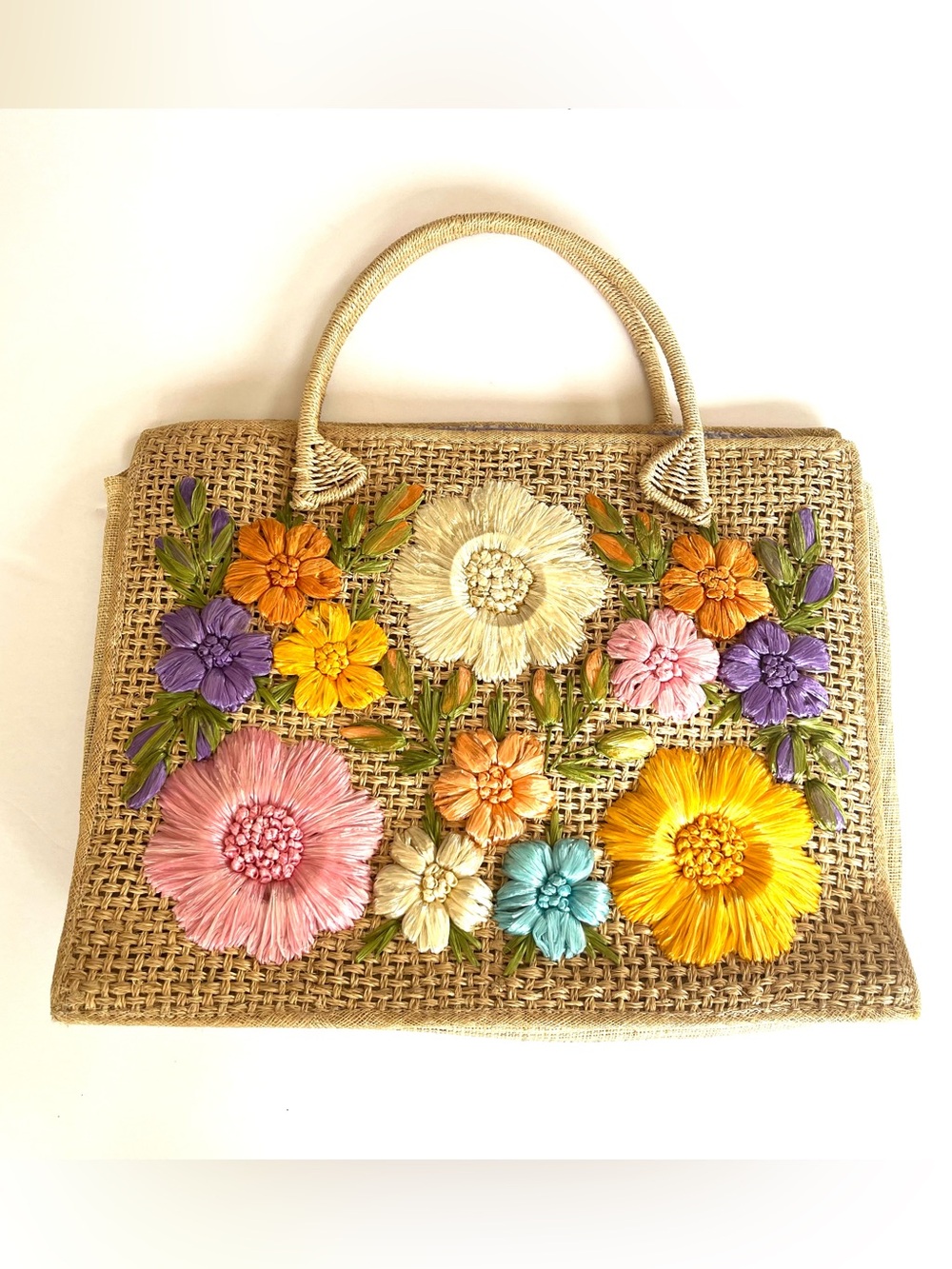 Vintage Floral Straw Tote Bag - Multicolor Raffia Flower Lined Inside Pocket